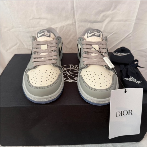 Dior x Air Jordan 1 Low Sneakers - gray & white leather w/Dior MM navy Swoosh. - Picture 2 of 8